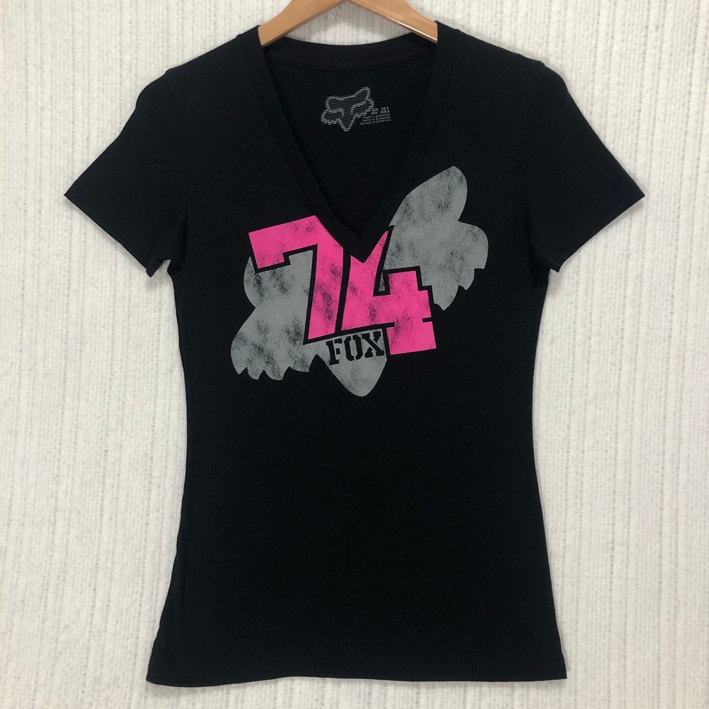 Vintage Fox Racing Womens Small Pink 74 Logo Graphic V Neck T Shirt Moto Y2K - Picture 3 of 8